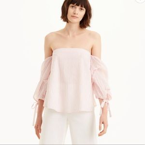 Pink stripe off shoulder top with ruffled sleeves